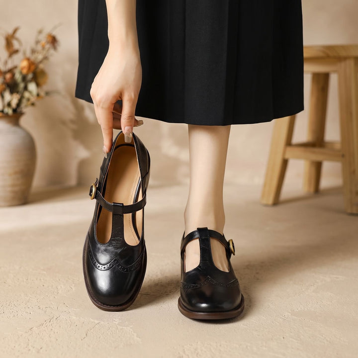 Women's Brogue T-Bar Mary Jane Block Heel Flats