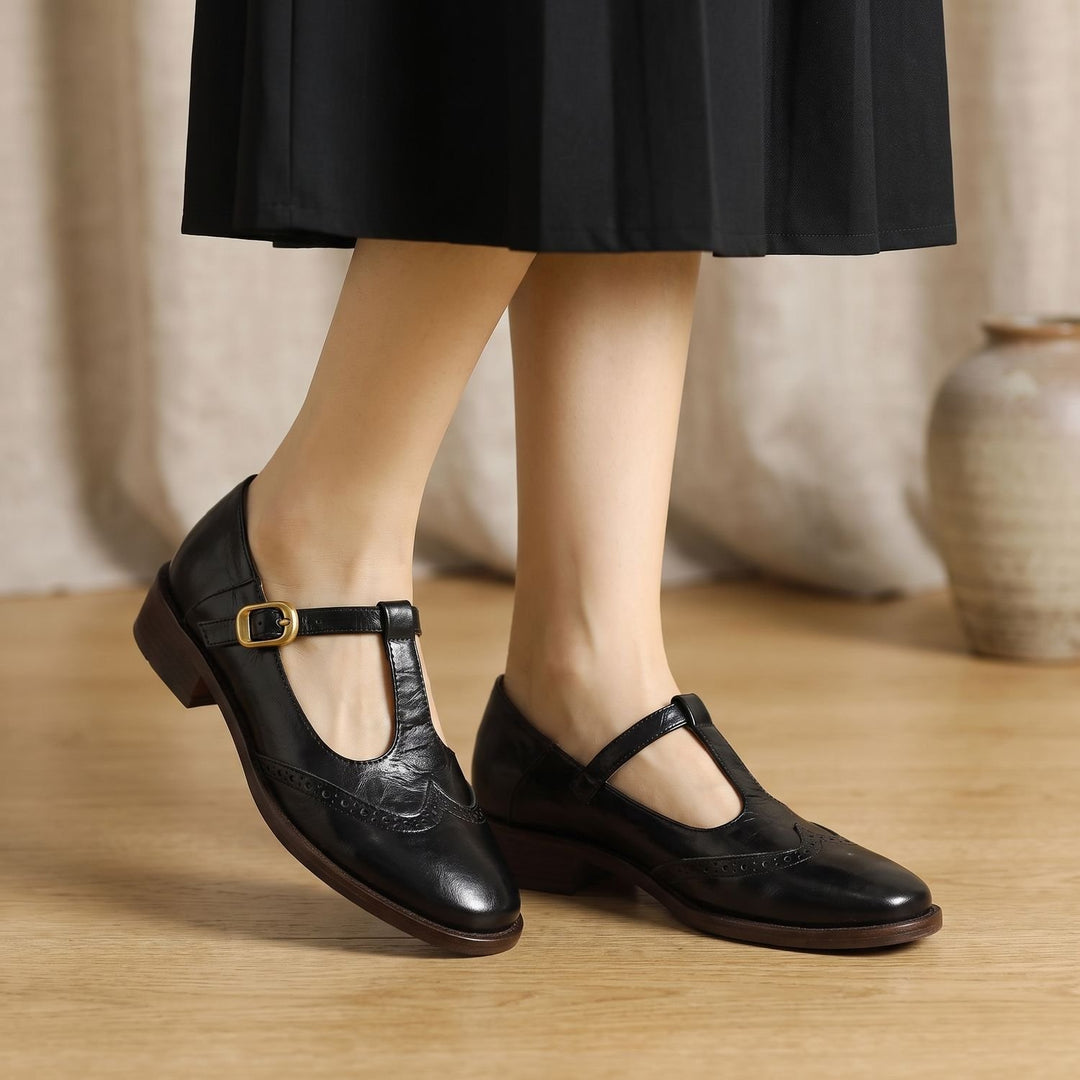 Women's Brogue T-Bar Mary Jane Block Heel Flats - Black