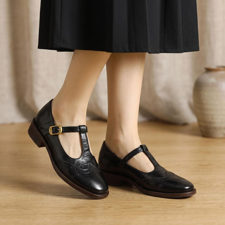 Women's Brogue T-Bar Mary Jane Block Heel Flats - Black
