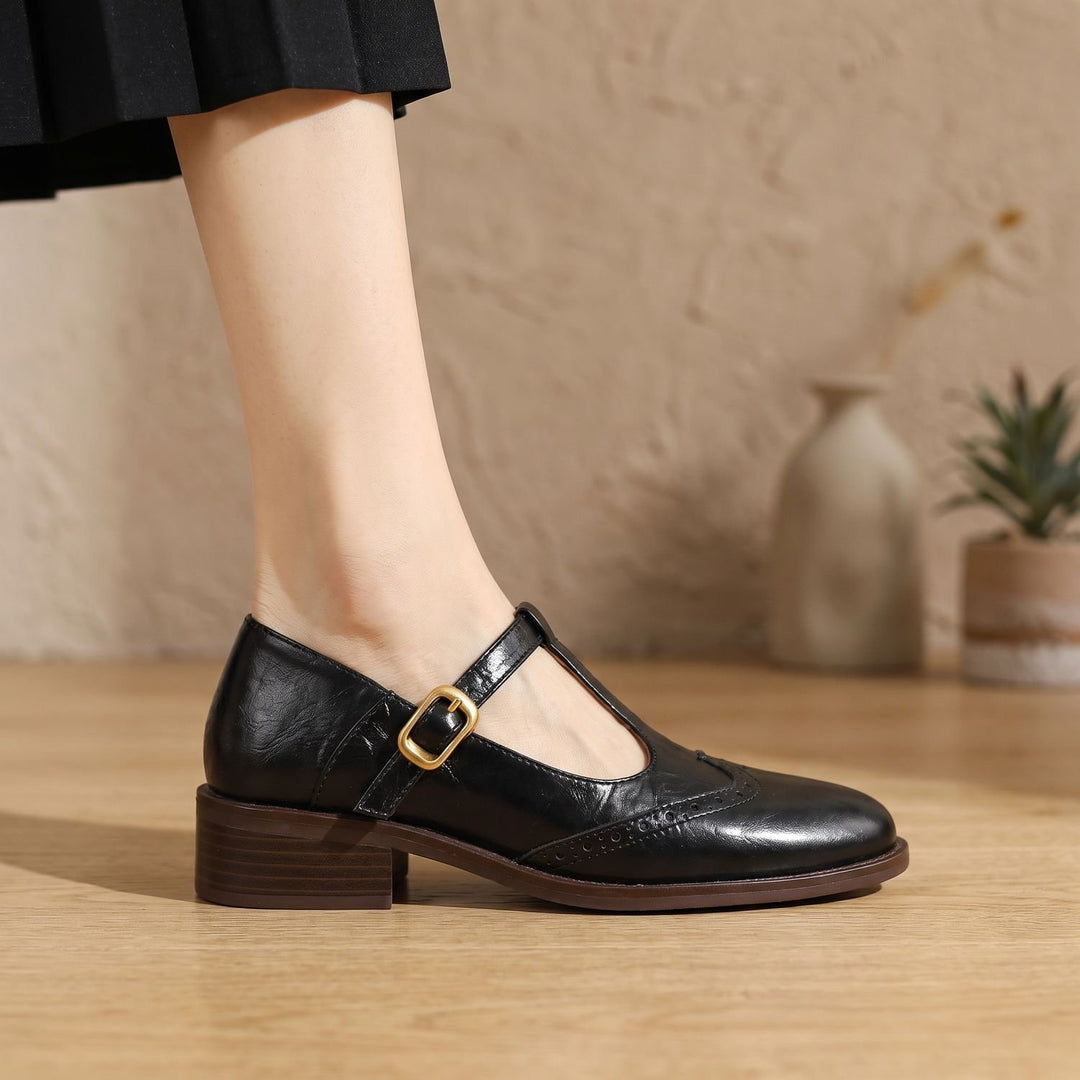 Women's Brogue T-Bar Mary Jane Block Heel Flats