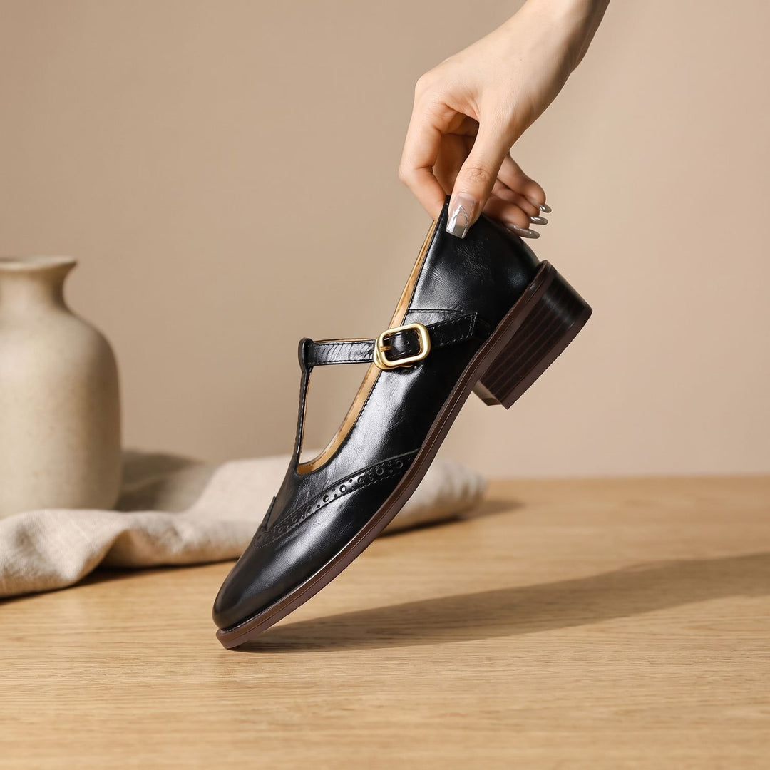 Women's Brogue T-Bar Mary Jane Block Heel Flats