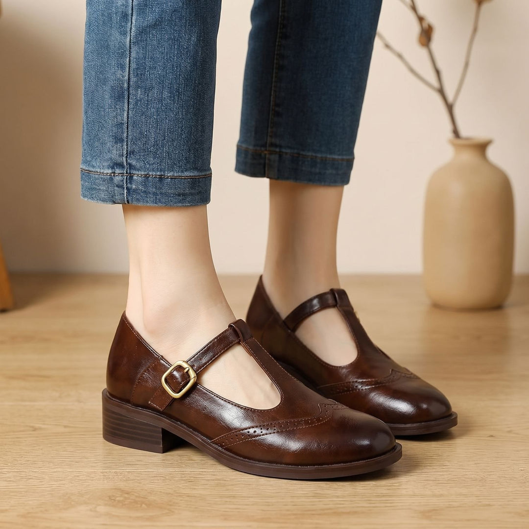 Women's Brogue T-Bar Mary Jane Block Heel Flats - Brown