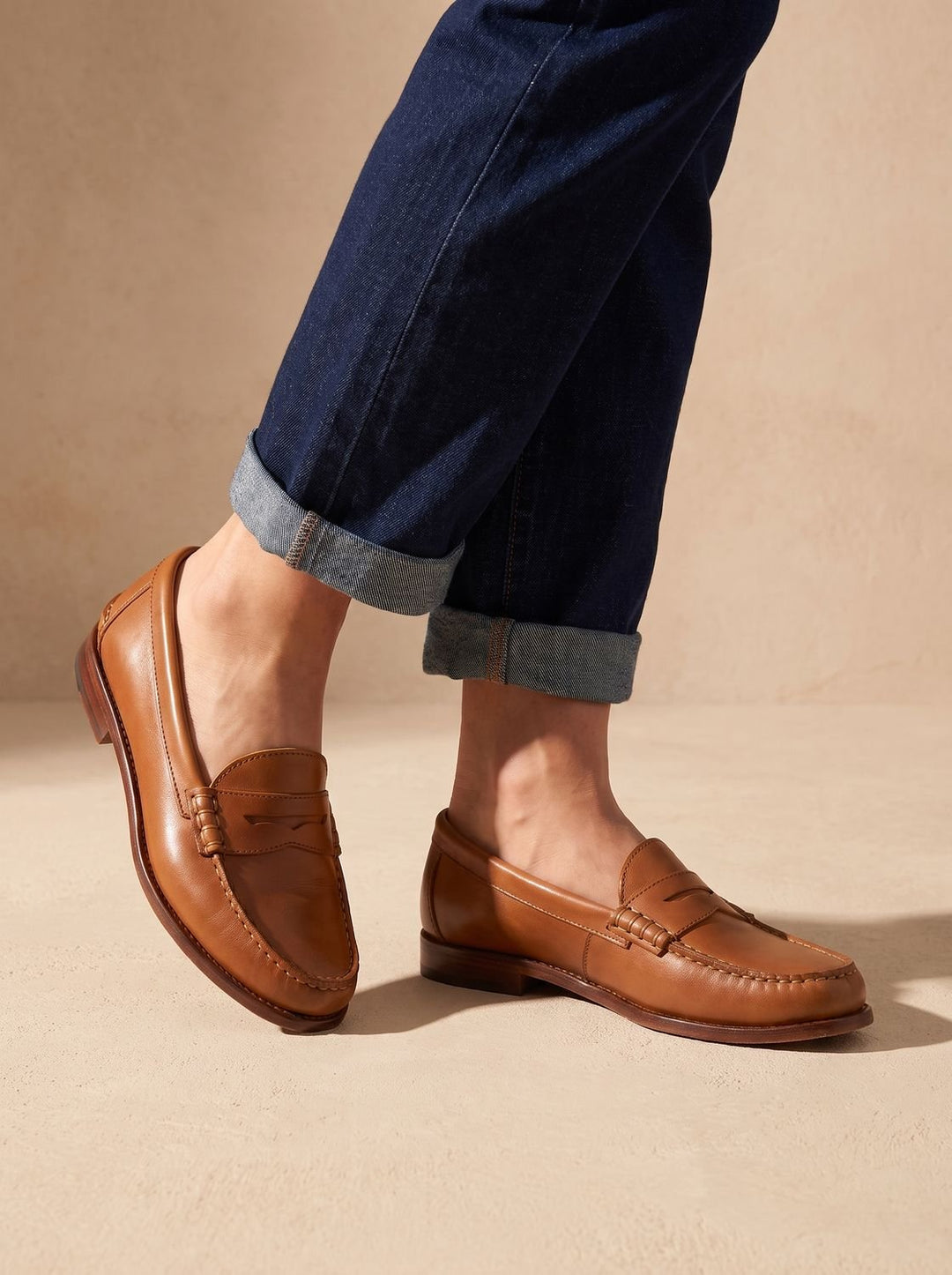 Women's Brown Leather Penny Loafers Moccasin-Stitched Slip-On - Brown