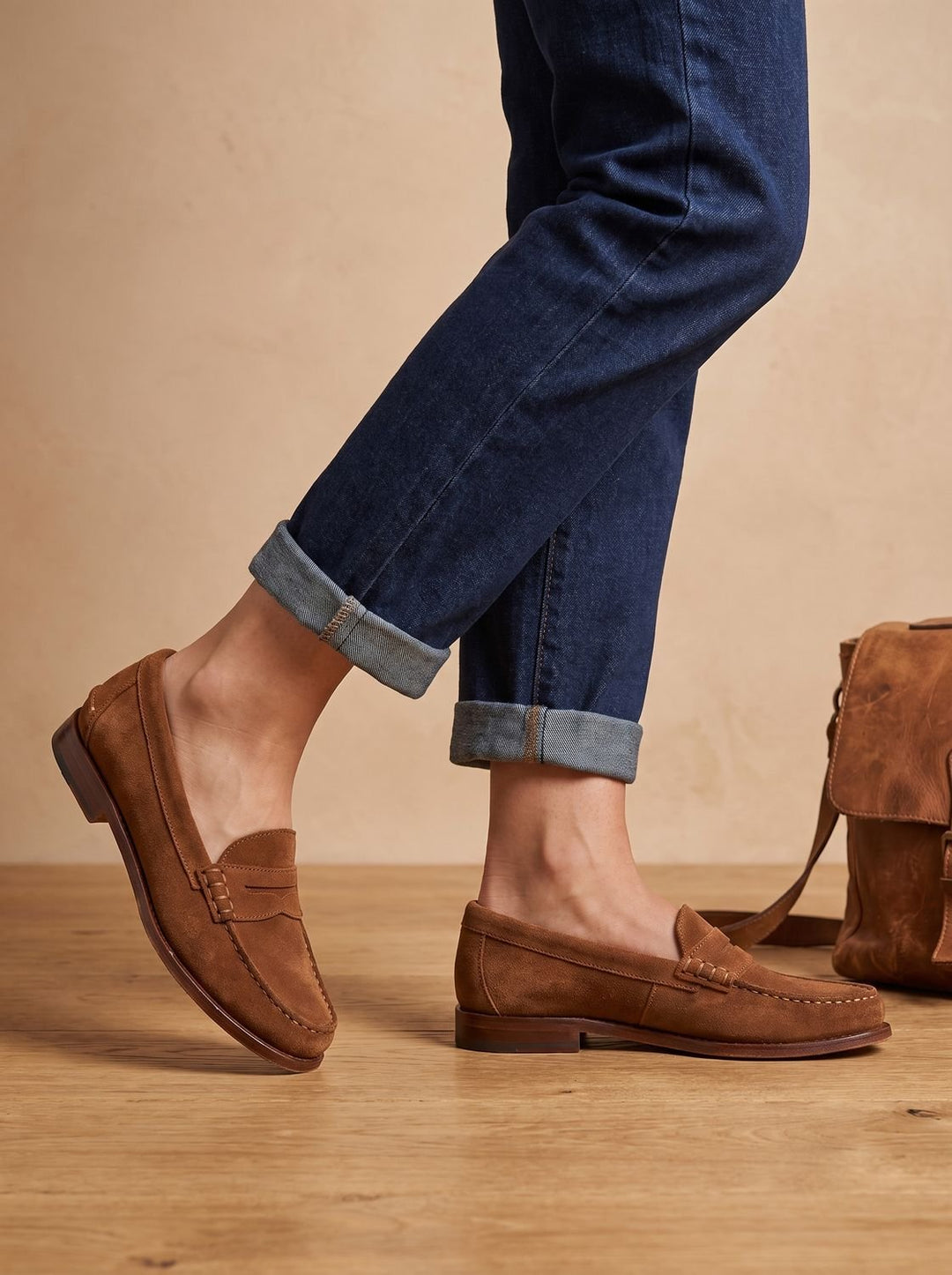 Women's Brown Leather Penny Loafers Moccasin-Stitched Slip-On