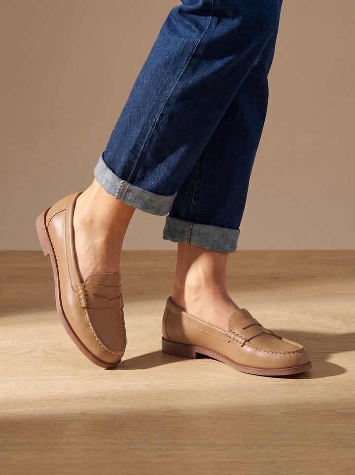 Women's Brown Leather Penny Loafers Moccasin-Stitched Slip-On - Khaki