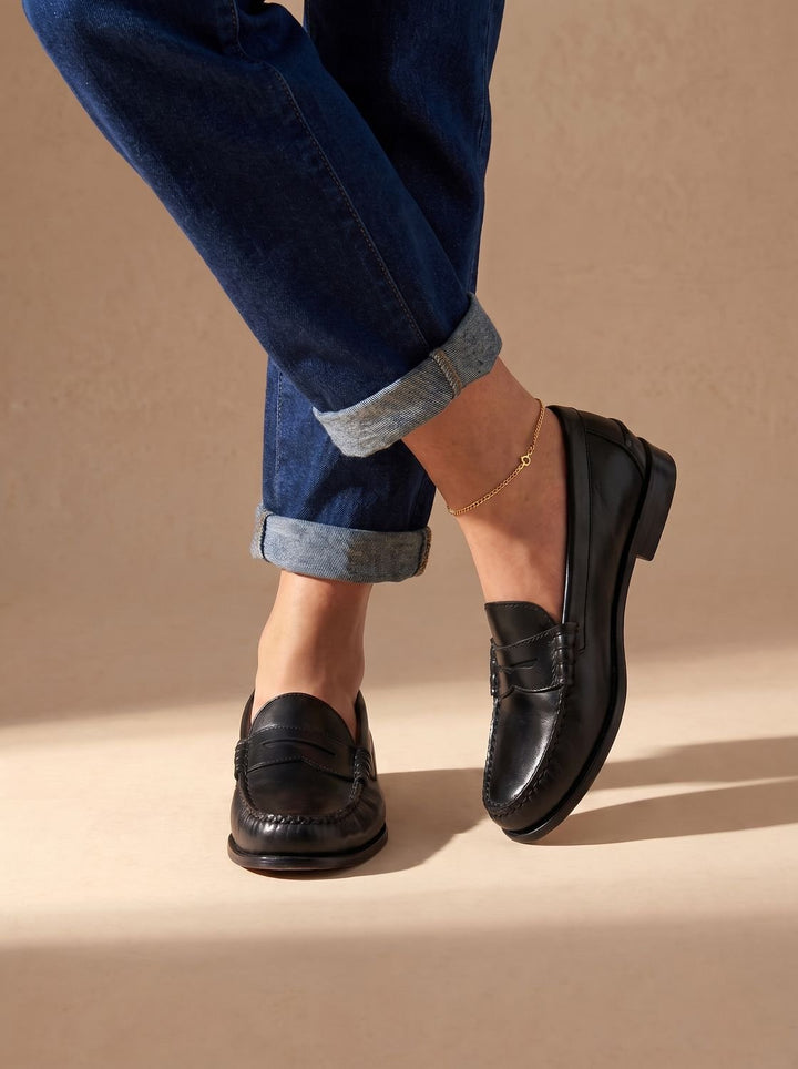 Women's Brown Leather Penny Loafers Moccasin-Stitched Slip-On - Black