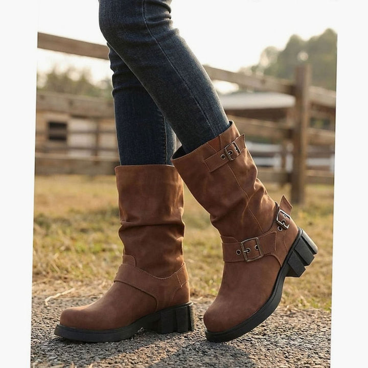 Women's Buckle-Strap Mid-Calf Slouch Biker Boots