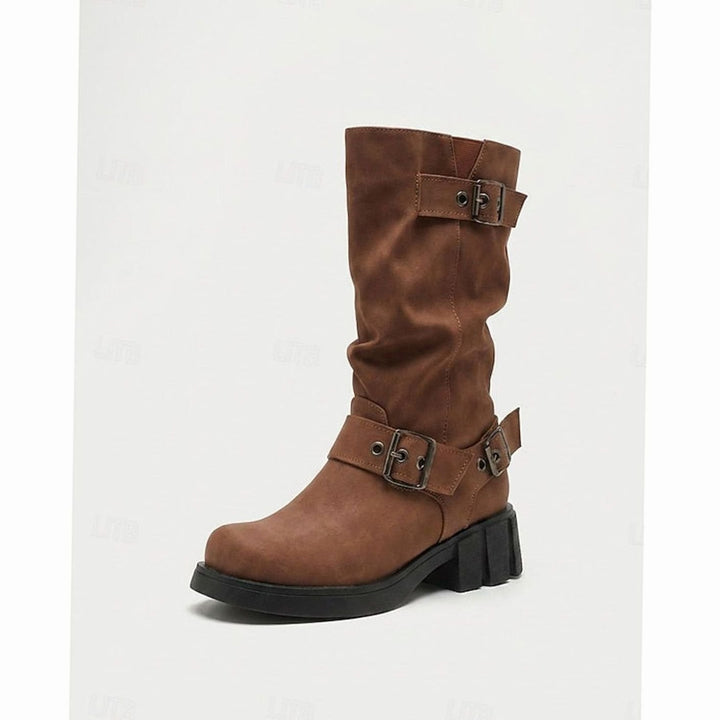 Women's Buckle-Strap Mid-Calf Slouch Biker Boots - Brown