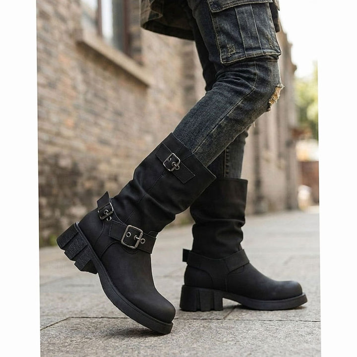 Women's Buckle-Strap Mid-Calf Slouch Biker Boots