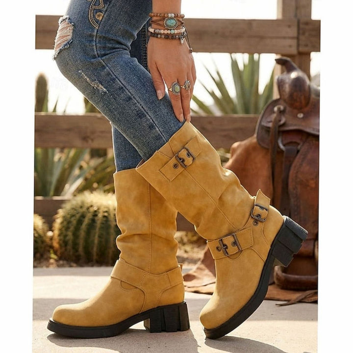 Women's Buckle-Strap Mid-Calf Slouch Biker Boots