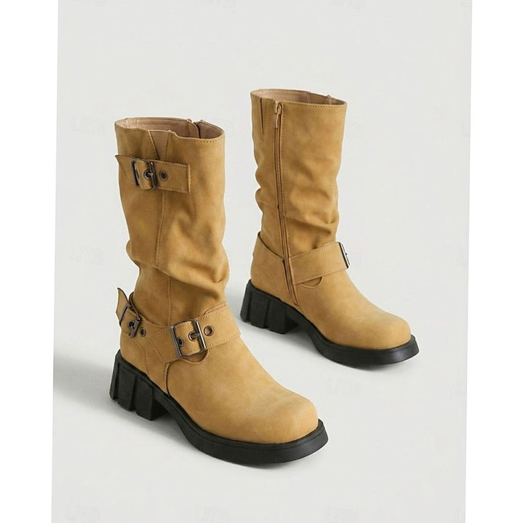 Women's Buckle-Strap Mid-Calf Slouch Biker Boots