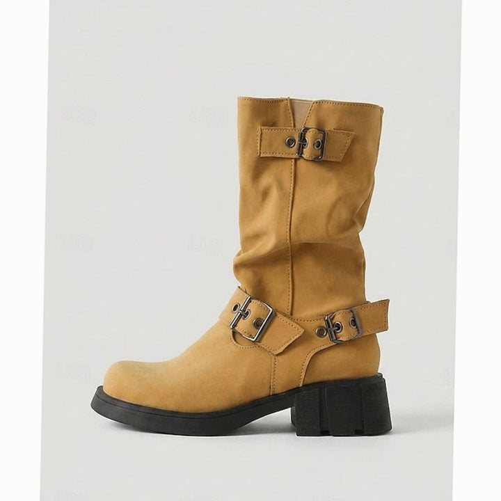 Women's Buckle-Strap Mid-Calf Slouch Biker Boots