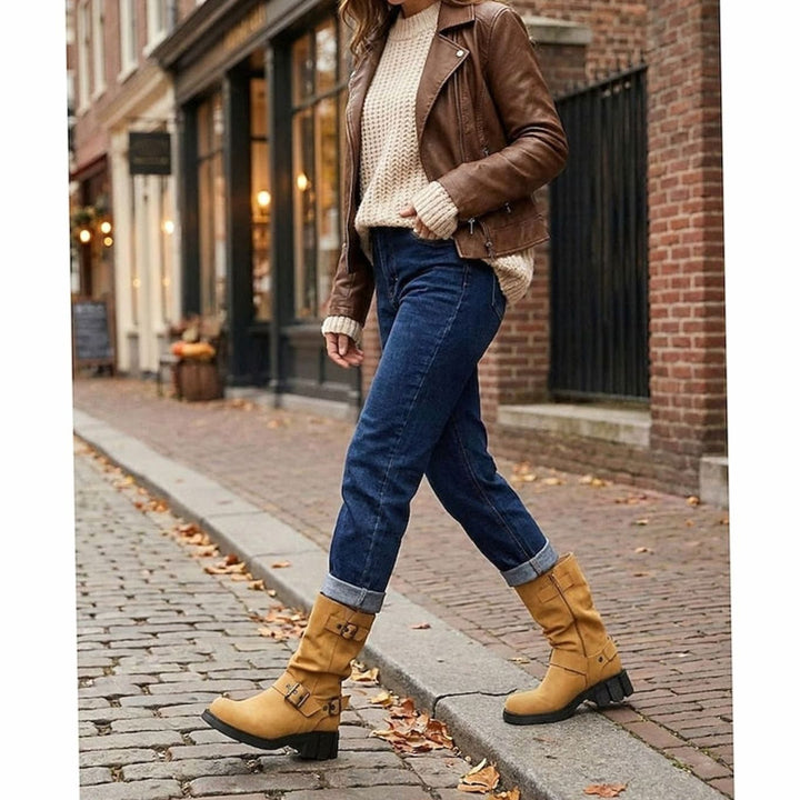Women's Buckle-Strap Mid-Calf Slouch Biker Boots