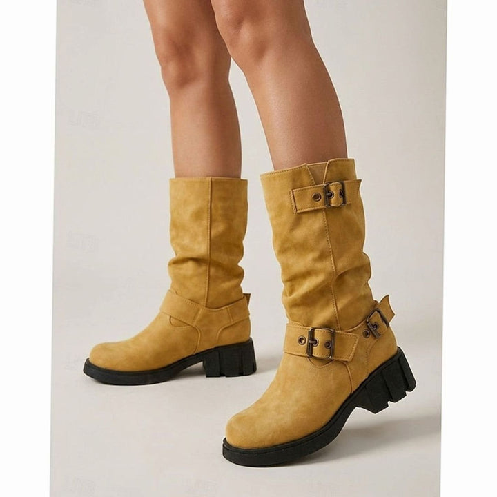 Women's Buckle-Strap Mid-Calf Slouch Biker Boots