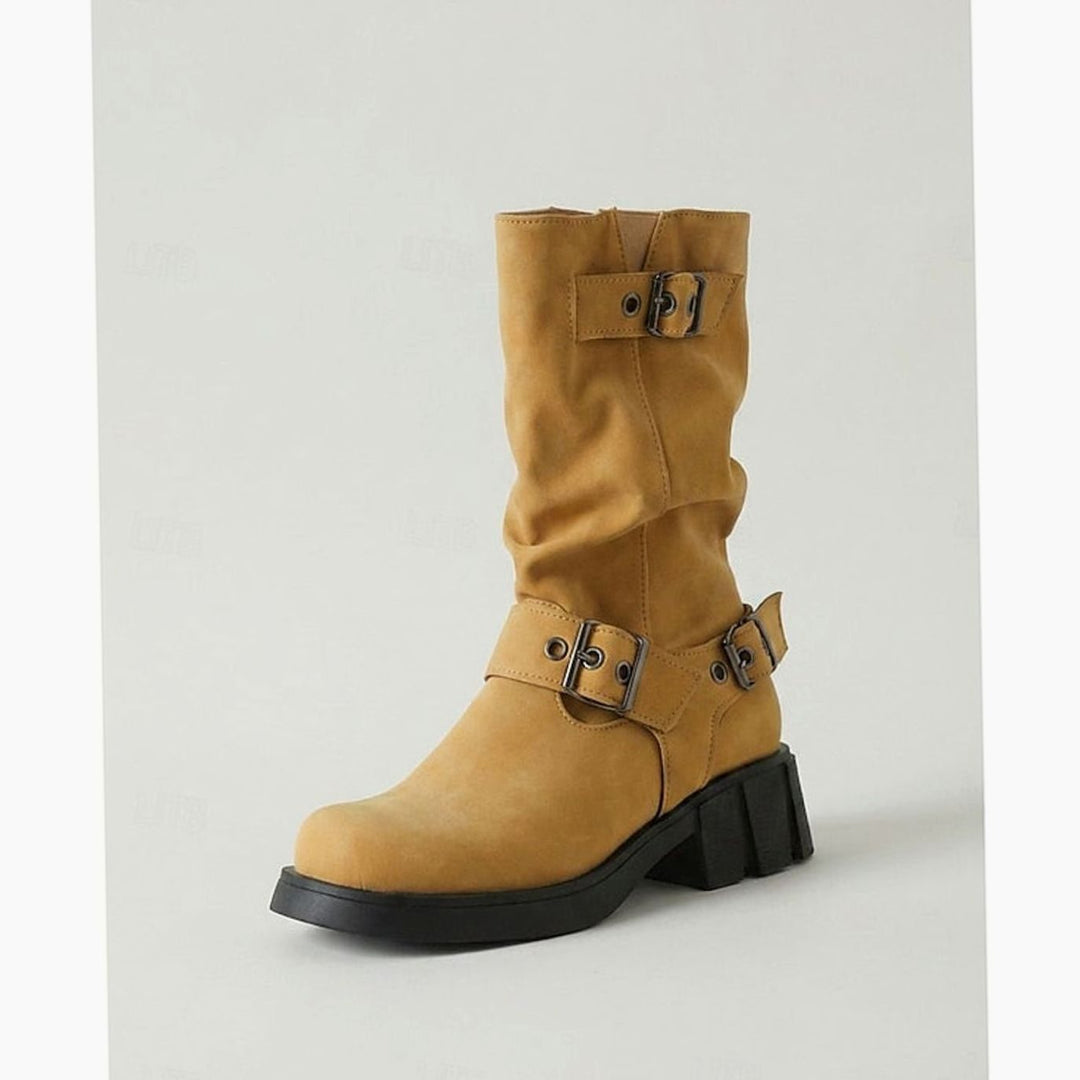 Women's Buckle-Strap Mid-Calf Slouch Biker Boots - Yellow