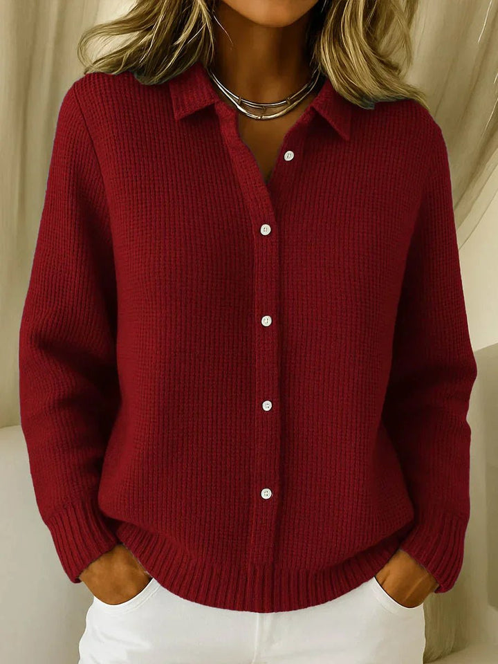 Women's Button-Down Collared Textured Knit Sweater Cardigan - Wine Red