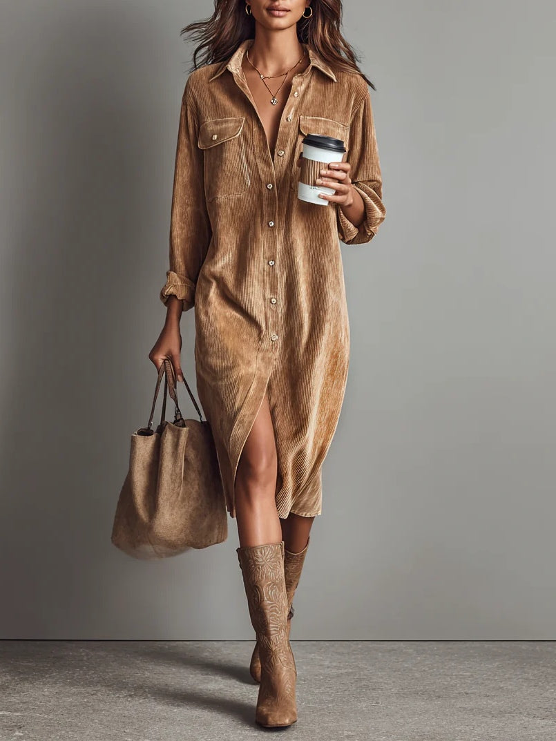 Madison | Women's Button Front Long Sleeve Midi Dress