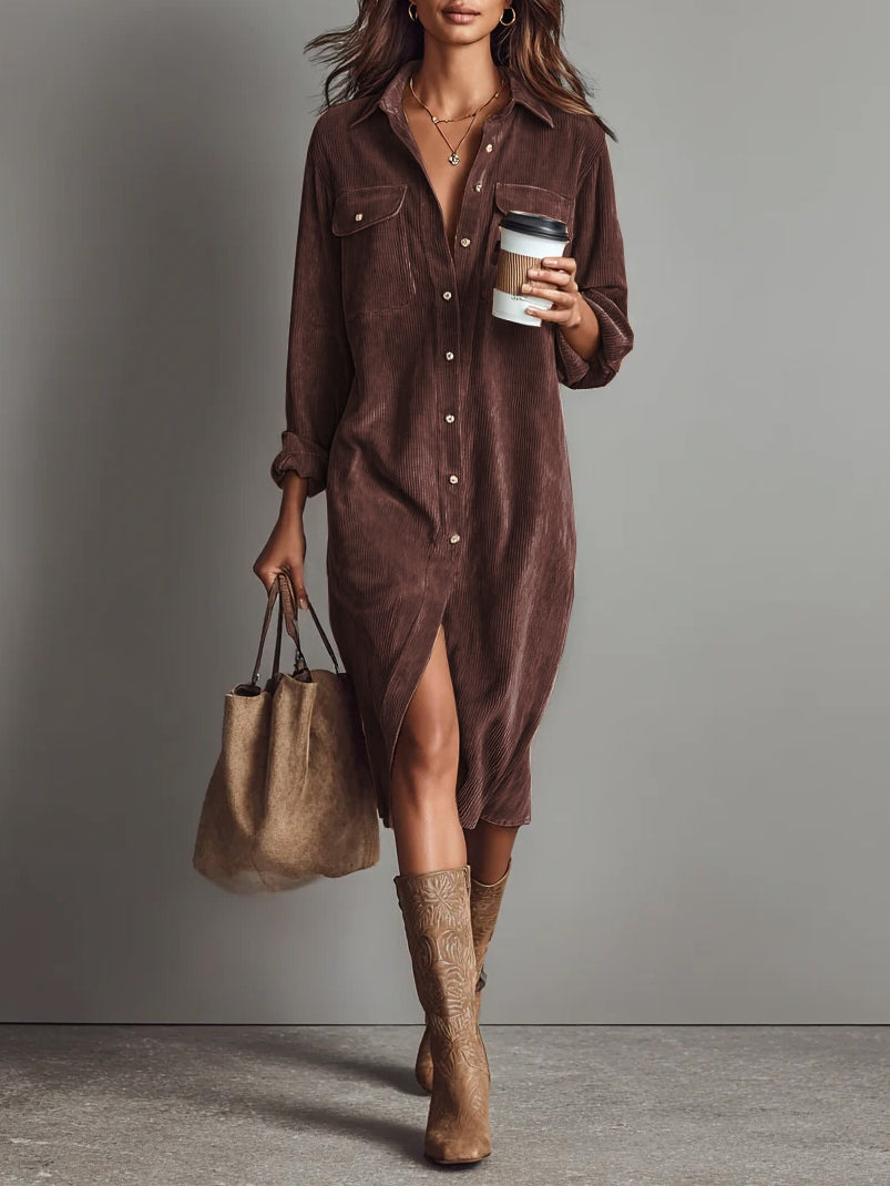 Madison | Women's Button Front Long Sleeve Midi Dress
