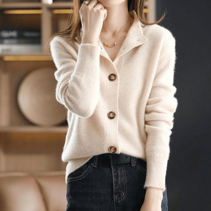 Women's Button-Front Mock-Neck Cashmere Knit Cardigan - Beige