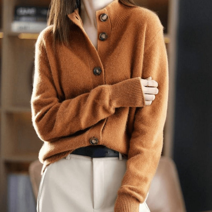 Women's Button-Front Mock-Neck Cashmere Knit Cardigan - Orange