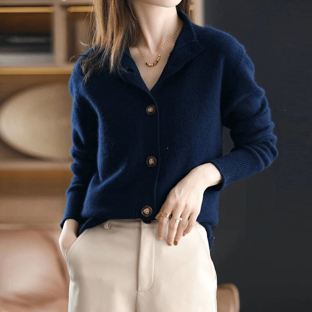 Women's Button-Front Mock-Neck Cashmere Knit Cardigan - Dark Blue