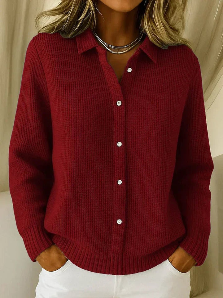Women's Button-Front Ribbed Knit Relaxed Cardigan Sweater - Dark Red