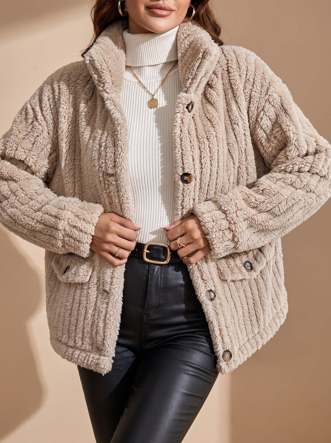 Women's Button-Front Teddy Fleece Jacket with Patch Pockets, Beige - Beige