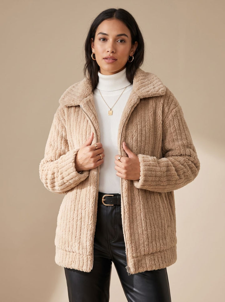 Women's Button-Front Teddy Fleece Jacket with Patch Pockets, Beige