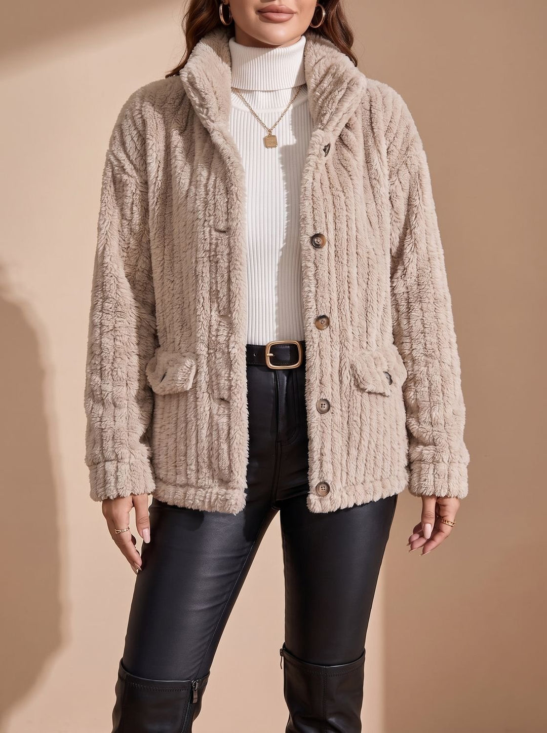 Women's Button-Front Teddy Fleece Jacket with Patch Pockets, Beige