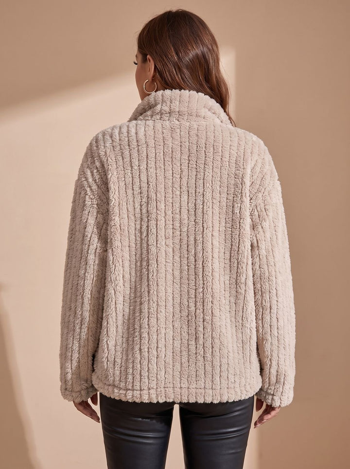 Women's Button-Front Teddy Fleece Jacket with Patch Pockets, Beige