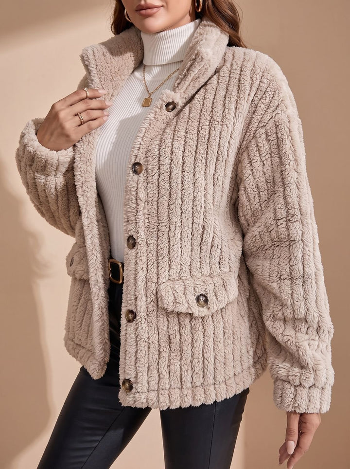 Women's Button-Front Teddy Fleece Jacket with Patch Pockets, Beige