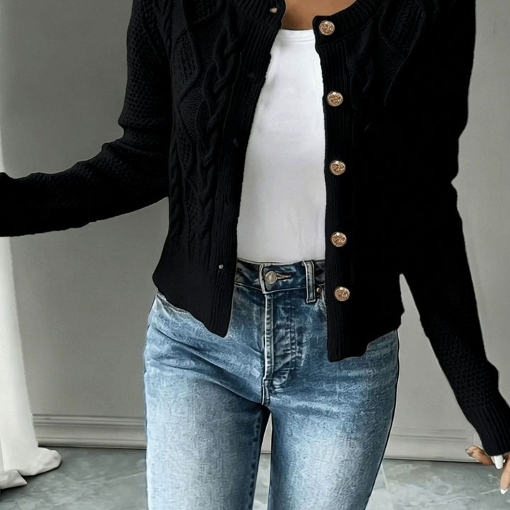 Women's Cable-Knit Gold-Button Cropped Cardigan - Black