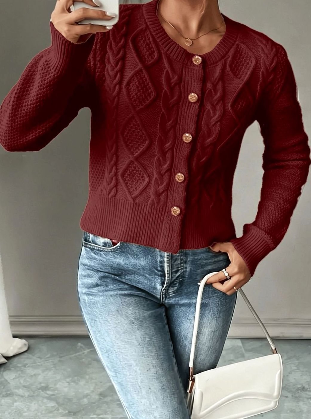 Women's Cable-Knit Gold-Button Cropped Cardigan