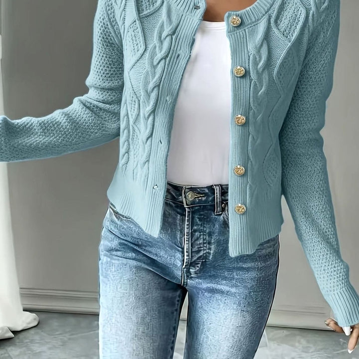 Women's Cable-Knit Gold-Button Cropped Cardigan - Sky Blue