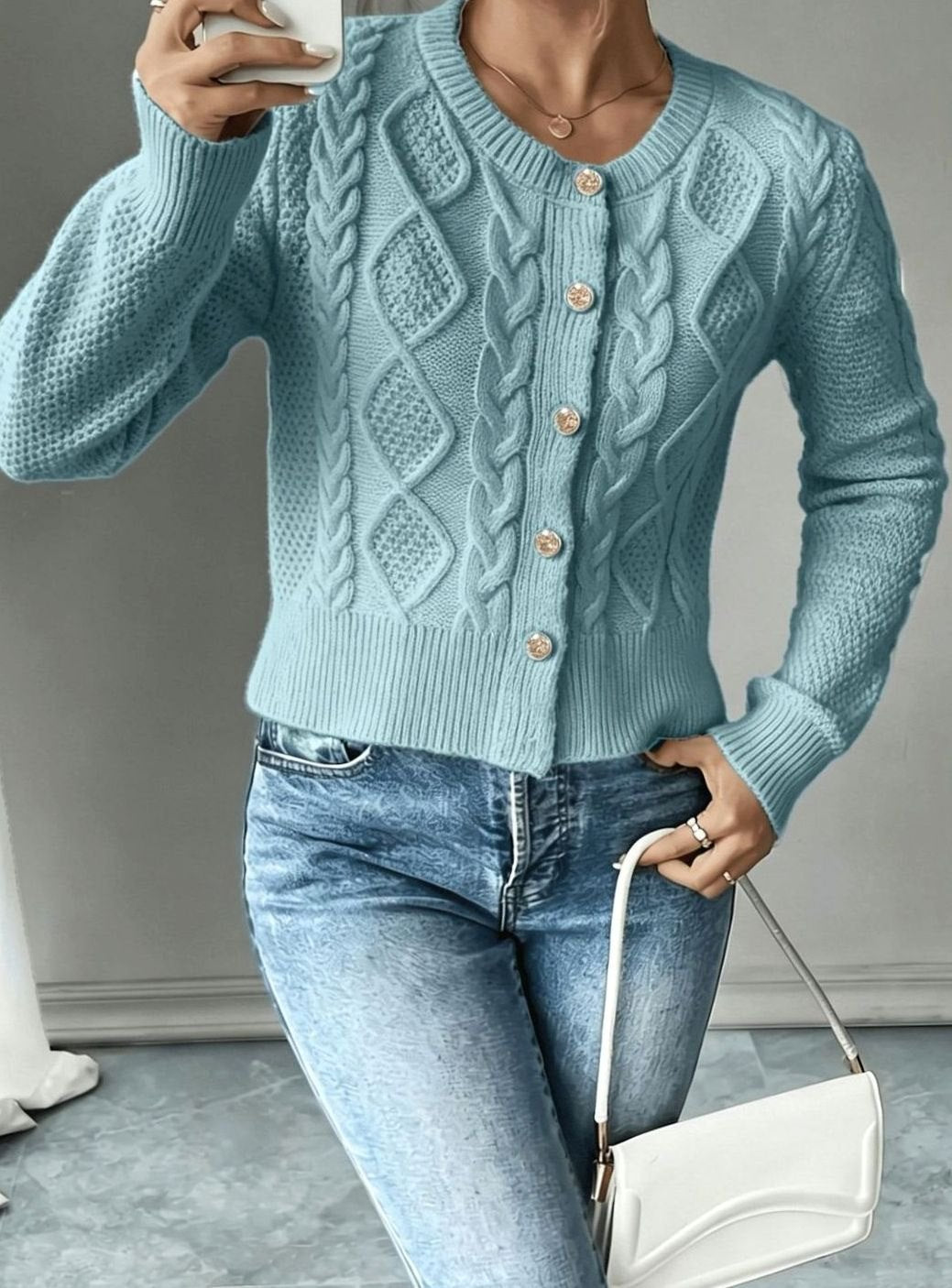 Women's Cable-Knit Gold-Button Cropped Cardigan