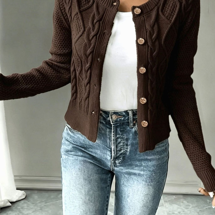 Women's Cable-Knit Gold-Button Cropped Cardigan - Coffee Brown