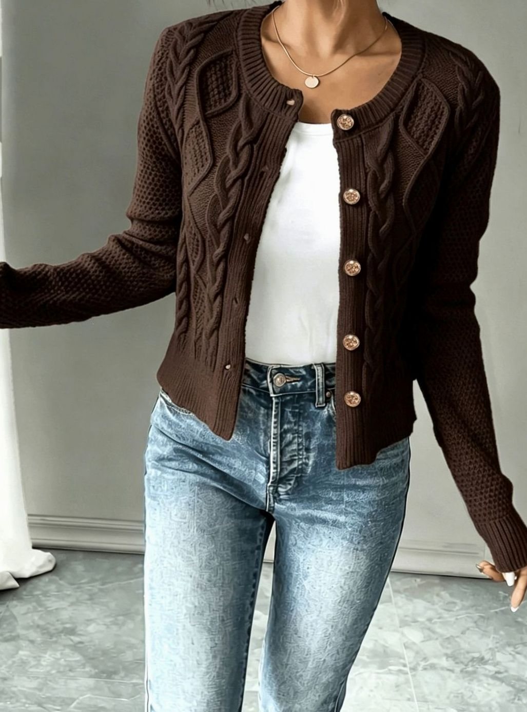 Women's Cable-Knit Gold-Button Cropped Cardigan
