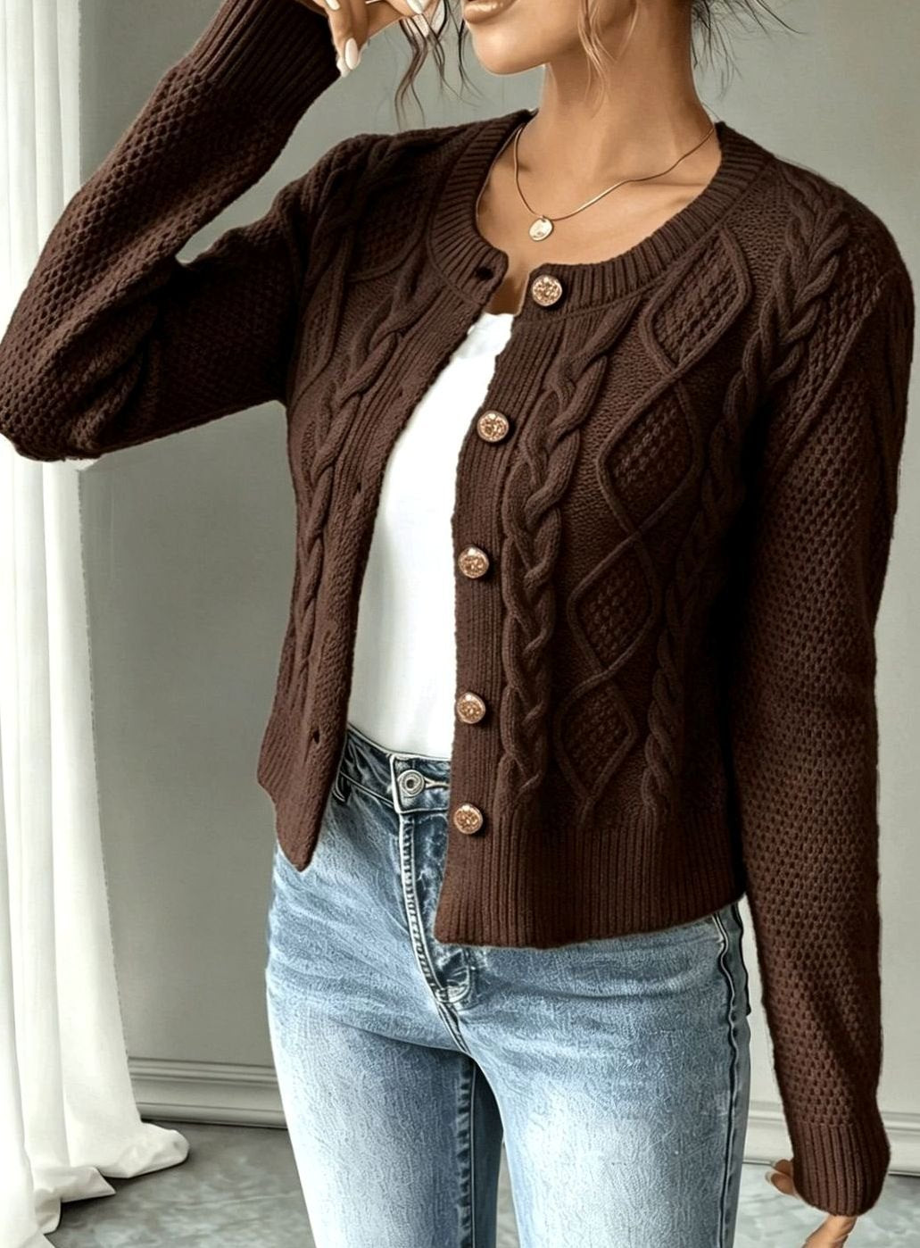 Women's Cable-Knit Gold-Button Cropped Cardigan