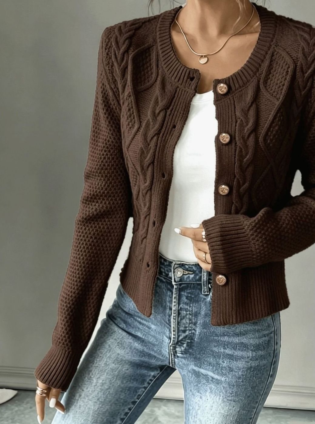 Women's Cable-Knit Gold-Button Cropped Cardigan