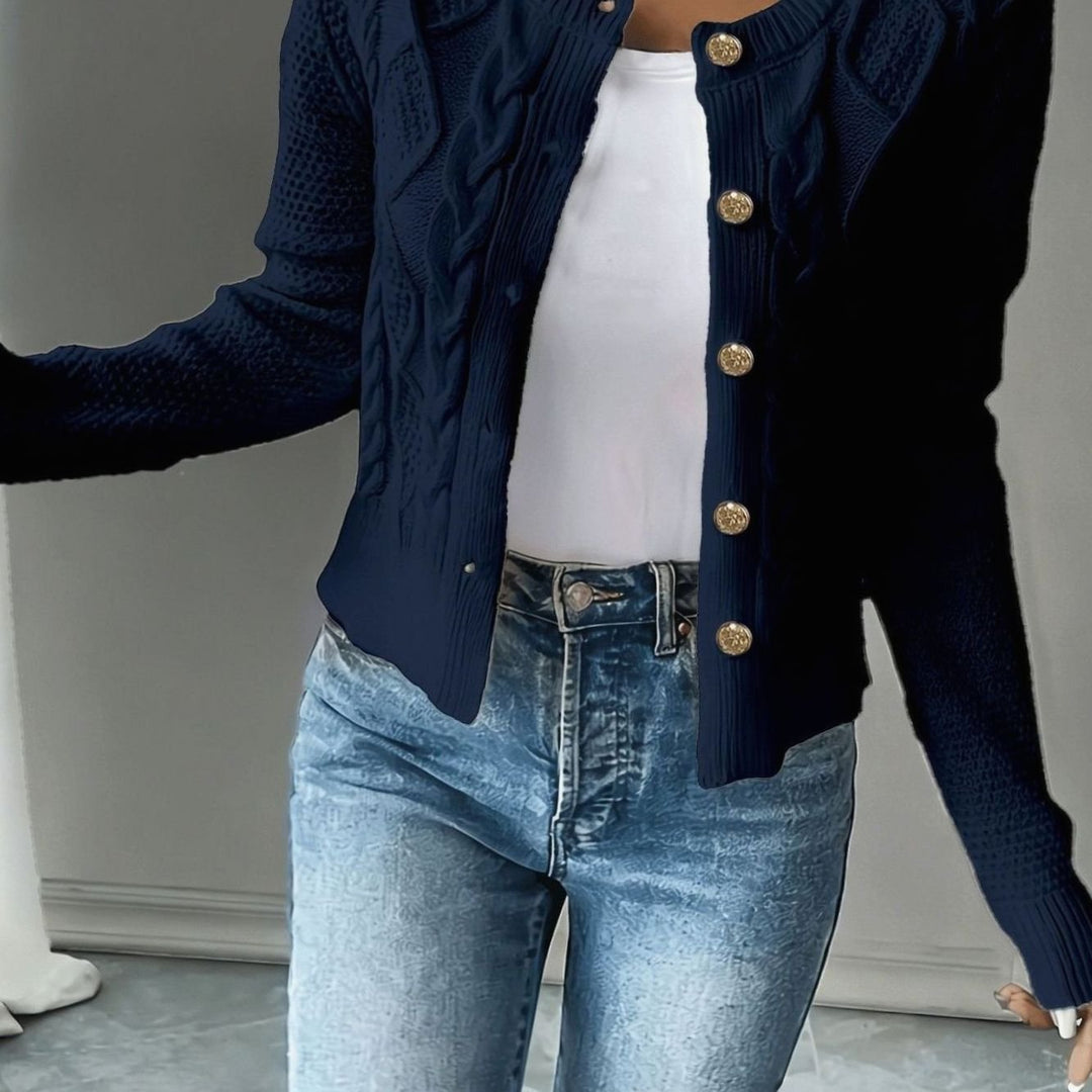 Women's Cable-Knit Gold-Button Cropped Cardigan - Navy