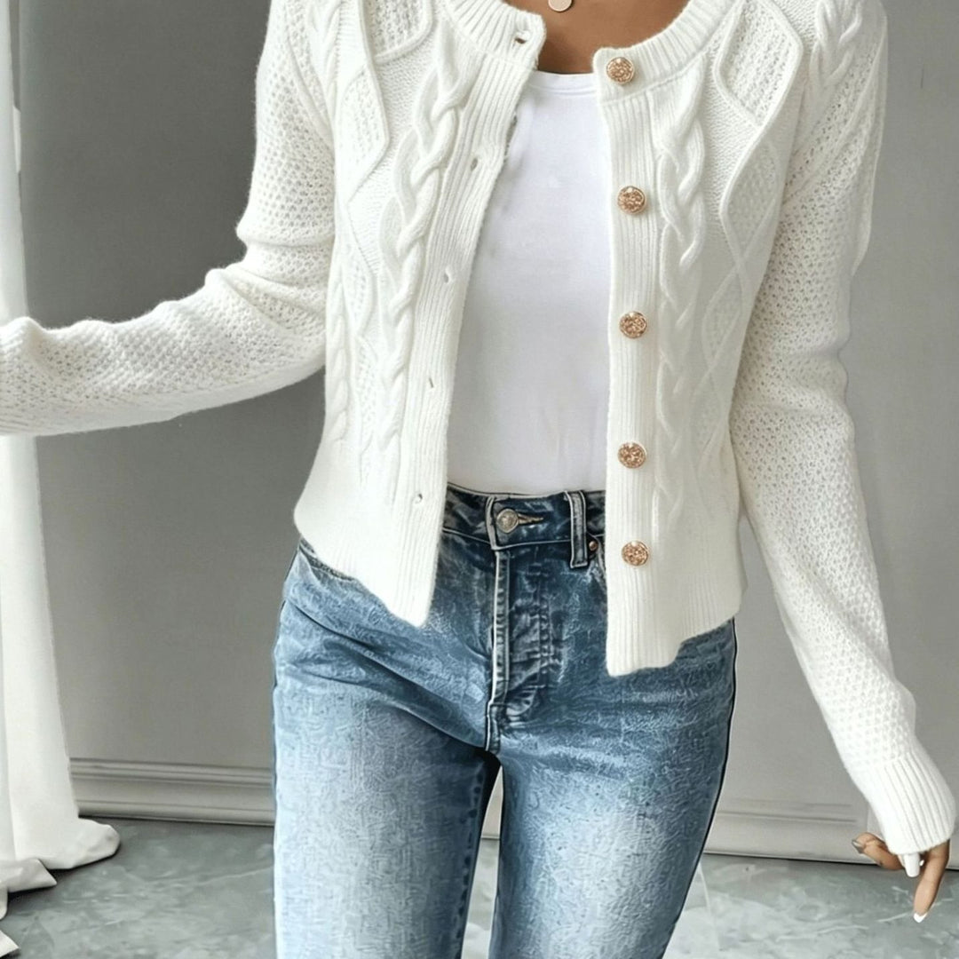 Women's Cable-Knit Gold-Button Cropped Cardigan - White