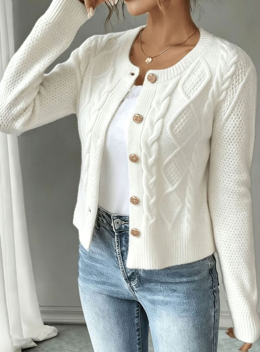 Women's Cable-Knit Gold-Button Cropped Cardigan