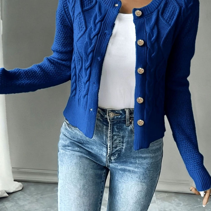 Women's Cable-Knit Gold-Button Cropped Cardigan - Blue