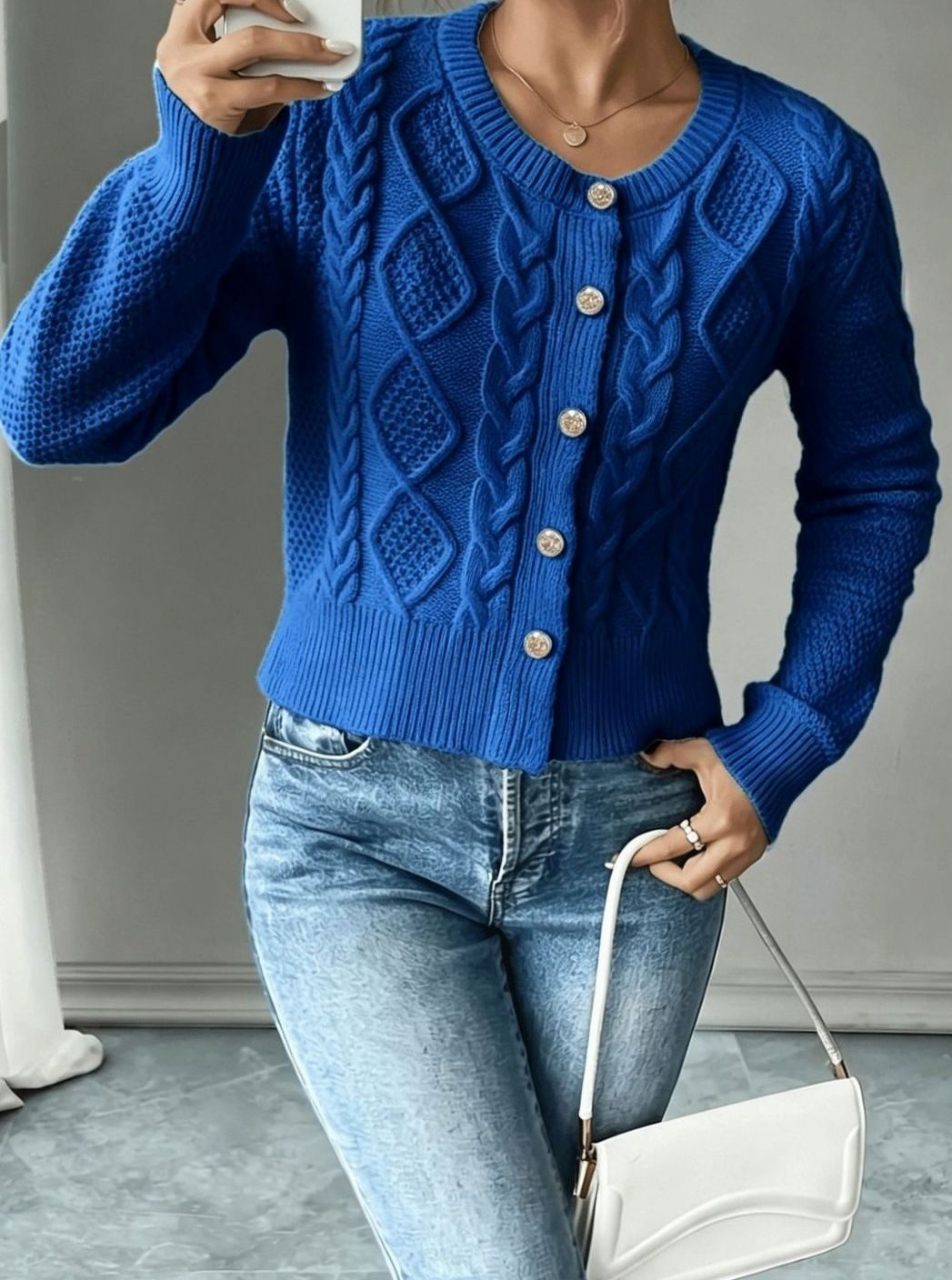 Women's Cable-Knit Gold-Button Cropped Cardigan
