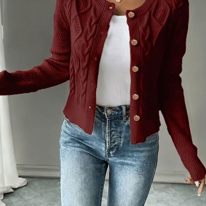 Women's Cable-Knit Gold-Button Cropped Cardigan - Deep Red