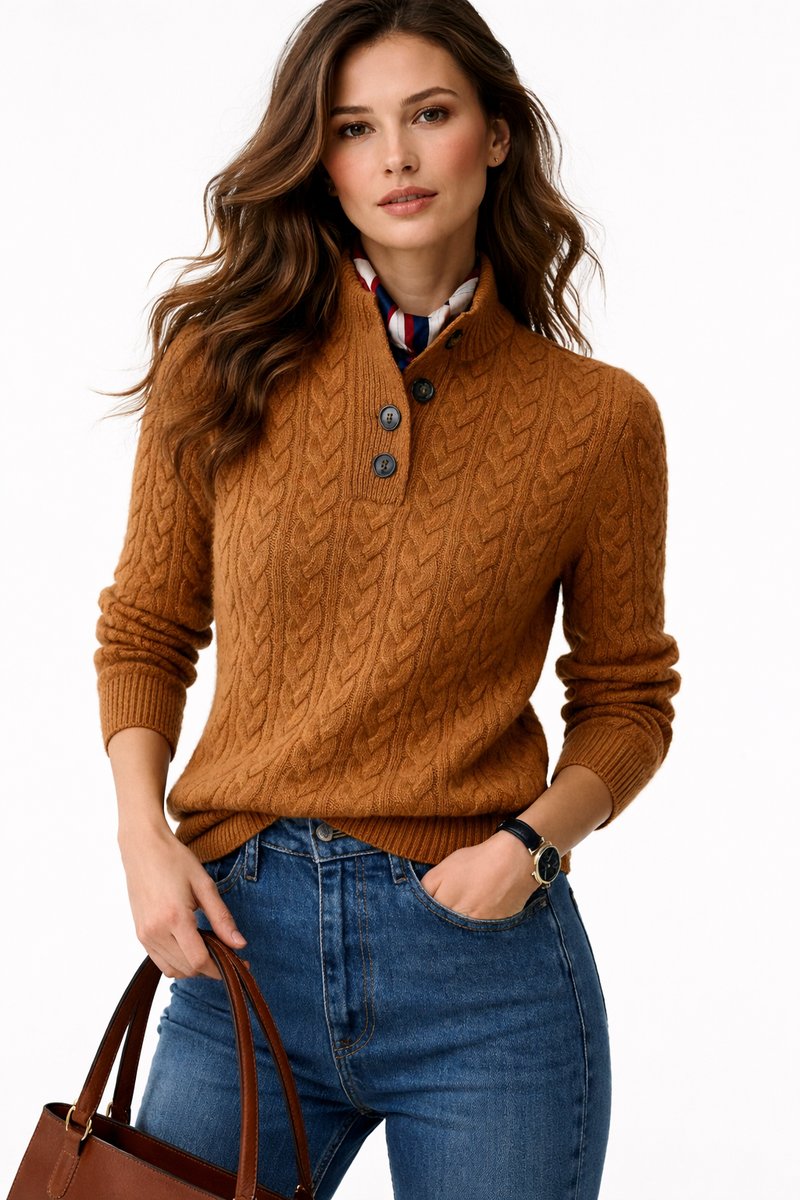 Women's Cable Knit Mock Neck Button Pullover Sweater - Brown