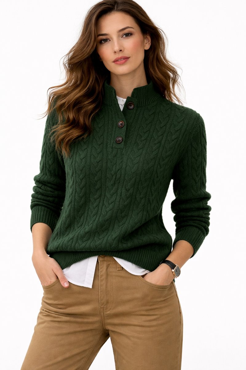 Women's Cable Knit Mock Neck Button Pullover Sweater - Green