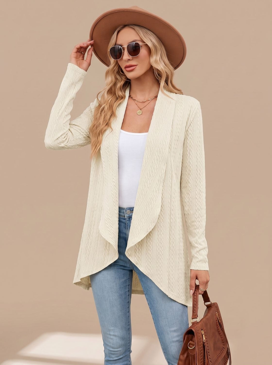 Women's Cable-Knit Open-Front Long-Sleeve Cardigan Sweater - Beige