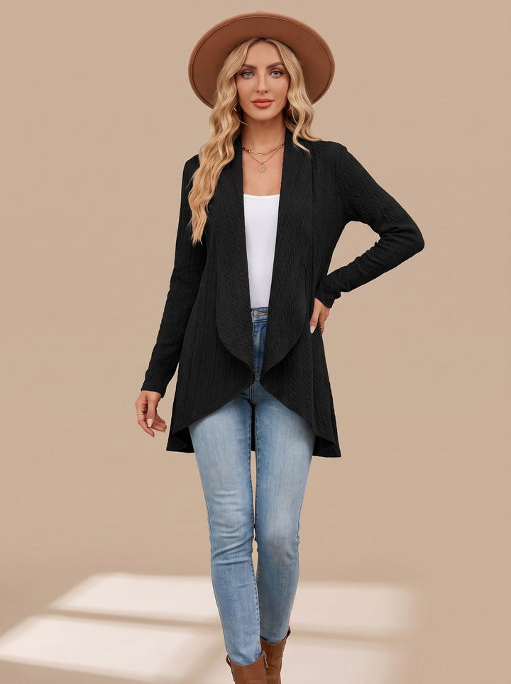Women's Cable-Knit Open-Front Long-Sleeve Cardigan Sweater - Black