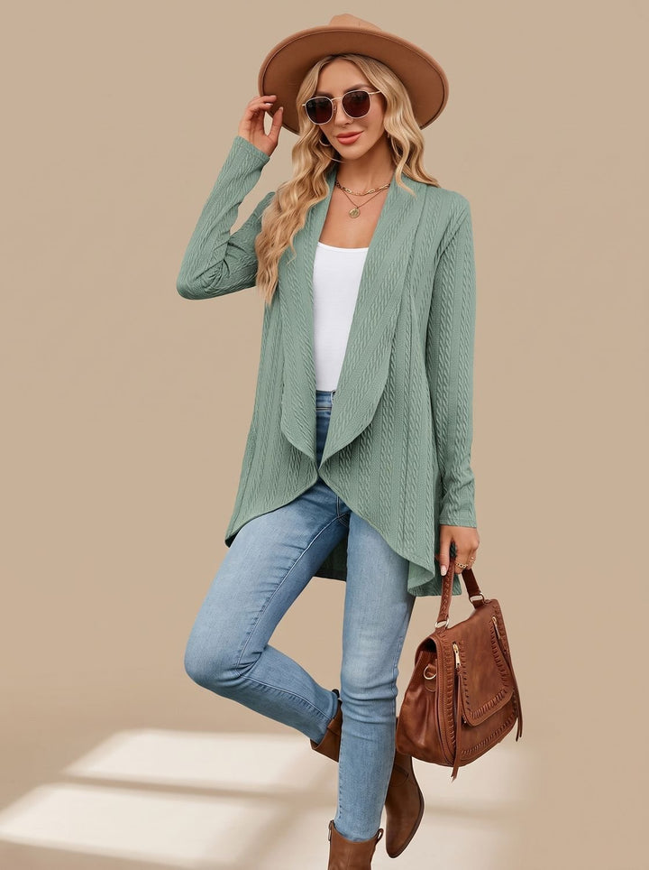 Women's Cable-Knit Open-Front Long-Sleeve Cardigan Sweater - Light Green